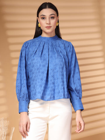 Blue Solid Round Neck Cotton Top