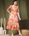 Orange Midi Square Neck Floral Print A Line Midi Dress