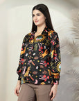 Black floral printed opaque Casual Buttoned Top