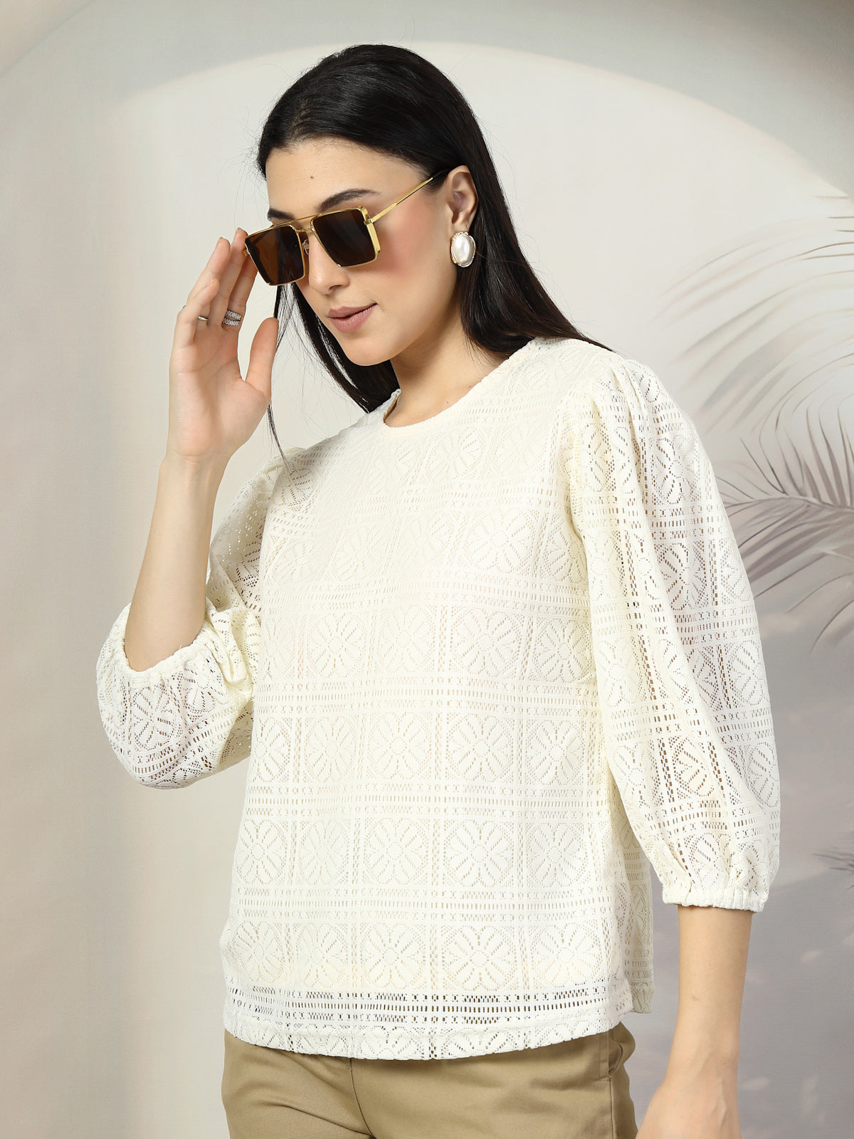 Women Cream Solid Round Neck 3/4th Sleeve Cotton Top
