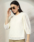 Women Cream Solid Round Neck 3/4th Sleeve Cotton Top