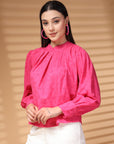 Pink Solid Round Neck Cotton Top