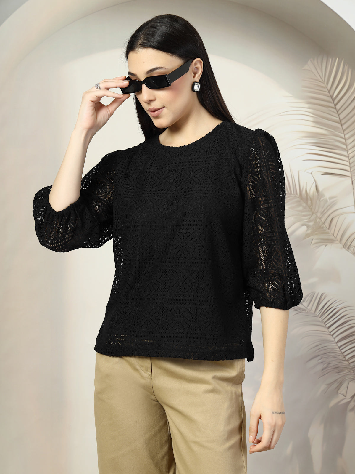 Women Black Solid Round Neck 3/4th Sleeve Cotton Top