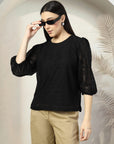 Women Black Solid Round Neck 3/4th Sleeve Cotton Top