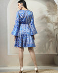 Blue Floral Printed Bell Sleeves Fit & Flare Dress