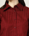 Women Maroon Solid Shirt Collar 3/4th Sleeve Cotton Top