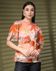 Orange Printed Round Neck Floral Print Top