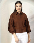 Women Brown Solid Shirt Collar Cotton Top