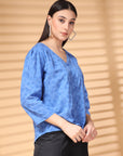 Blue Solid V Neck Cotton Top