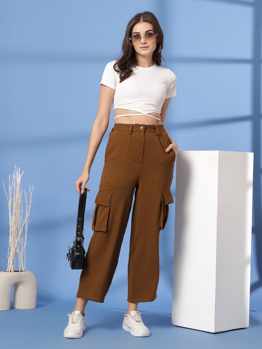Brown Solid Pleated Trousers