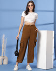 Brown Solid Pleated Trousers