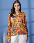 Mustard Floral Print Mandarin Collar Bell Sleeve Shirt Style Top