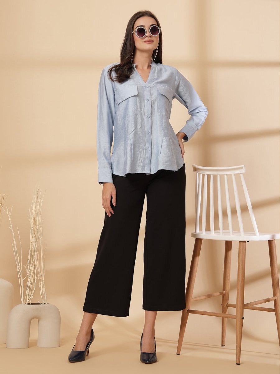 Blue Women Opaque Casual Buttoned Top