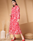 Pink Midi Round Neck Floral Print Puff Sleeve A Line Midi Dress