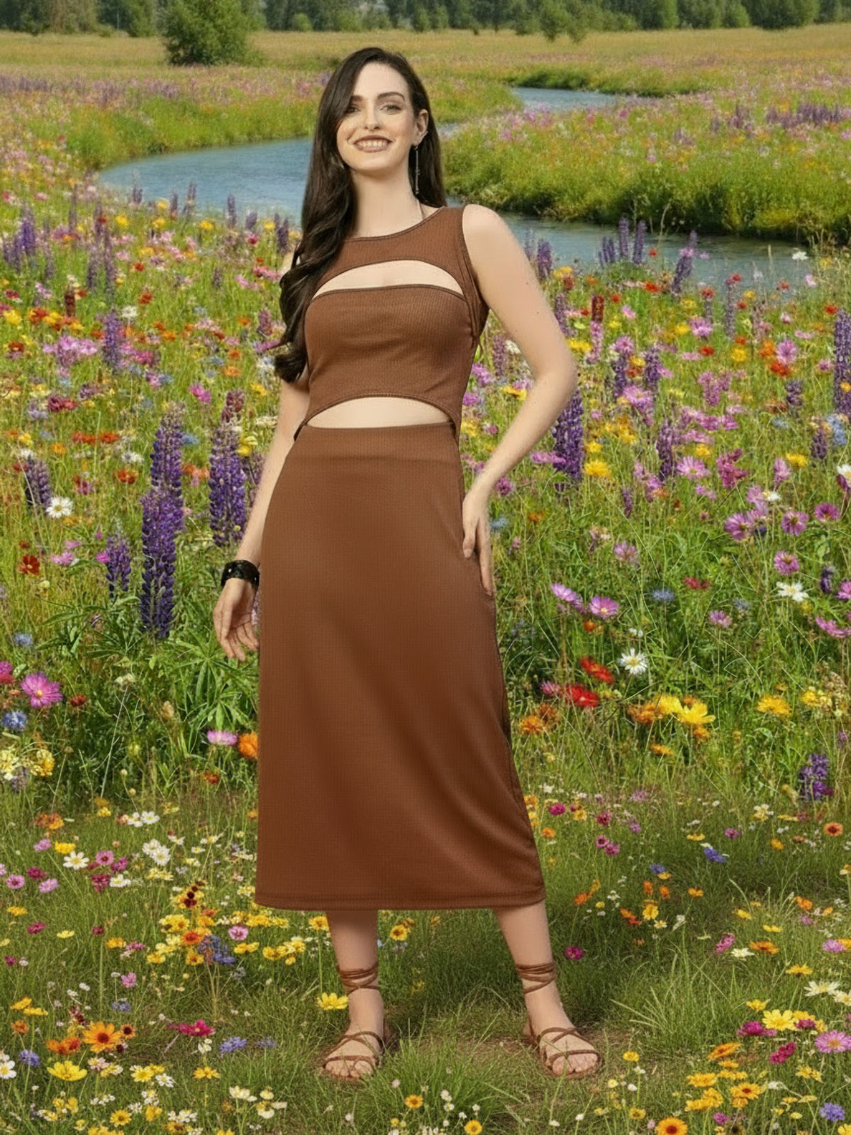 Woman in a brown dress standing in a field of flowers with a lake in the background