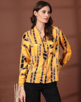 Print Mandarin Collar Puff Sleeve Cotton Top