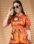 Orange Top Short Sleeves  Women Printed Top With Trouser Co Ords