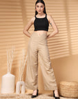 Beige Solid Regular Trousers Women Loose Fit High Rise Trousers