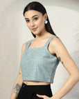 Women Sea Green Solid Square Neck Sleeveless Cotton Top