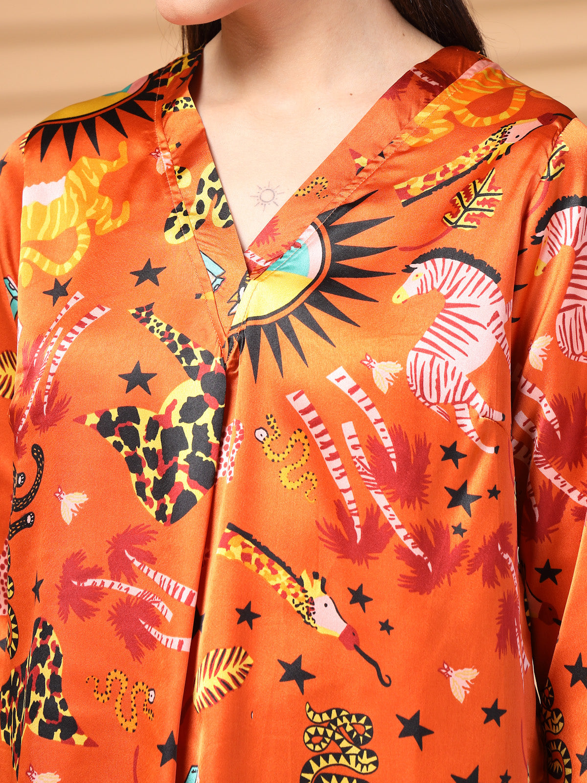 Orange Printed V Neck Floral Print Top
