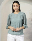 Women Sea Green Solid Round Neck Cotton Top