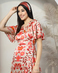 Beige Floral Print A-Line Midi Dress