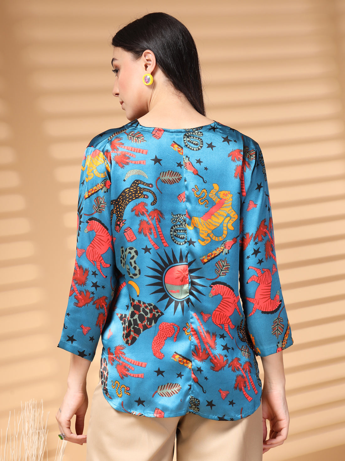 Blue Printed V Neck Floral Print Top