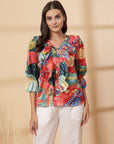 Multi Floral Print Bell Sleeve Top