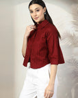 Women Maroon Solid Shirt Collar 3/4th Sleeve Cotton Top