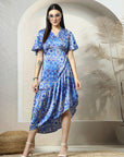 Blue Floral Printed A-Line Wrap Midi Dress