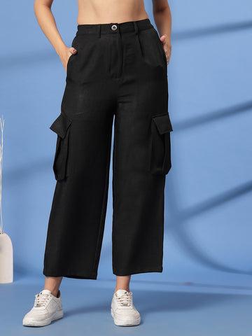Black Solid Pleated Trousers