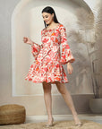 Beige Floral Printed Bell Sleeve Fit & Flare Dress