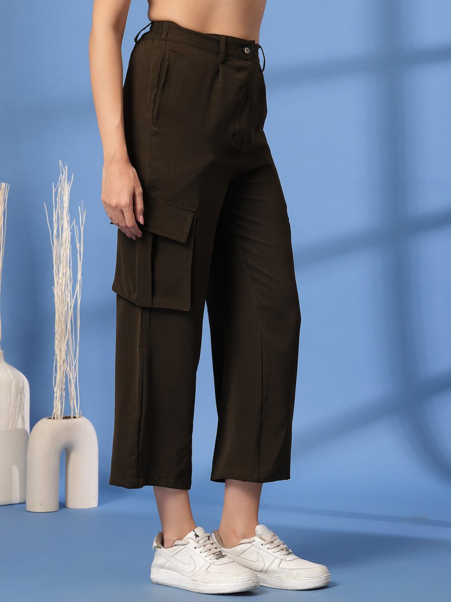 Brown Solid Pleated Trousers