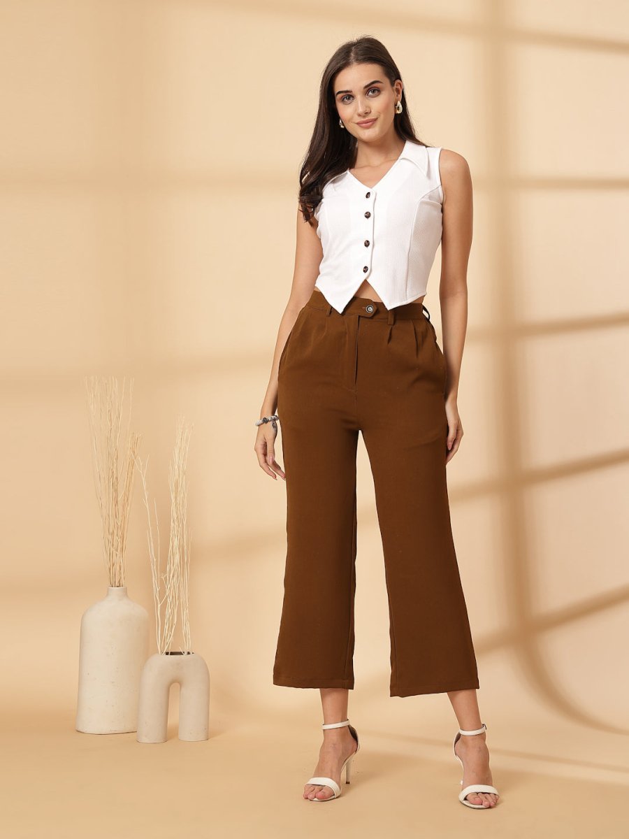 Brown Solid Pleated Trousers