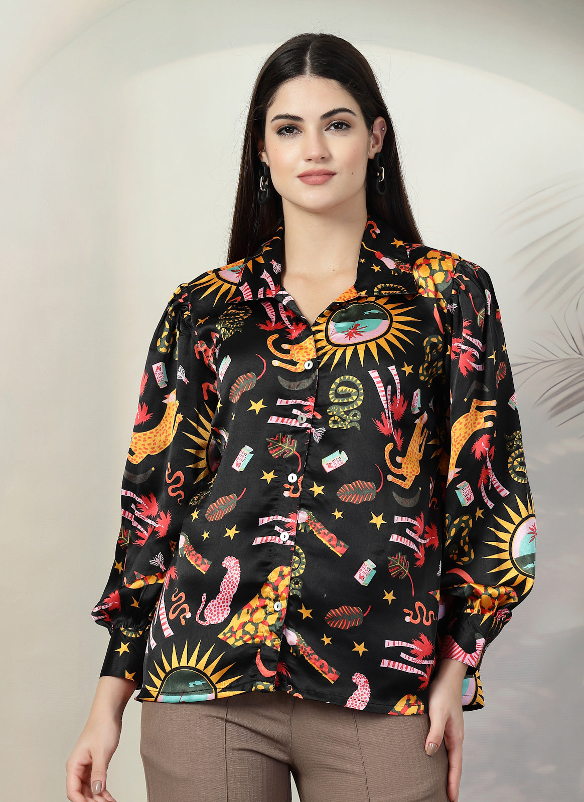 Black floral printed opaque Casual Buttoned Top