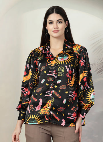 Black floral printed opaque Casual Buttoned Top