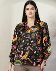 Black floral printed opaque Casual Buttoned Top