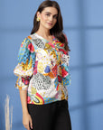 Multi Floral Print Bell Sleeve Top