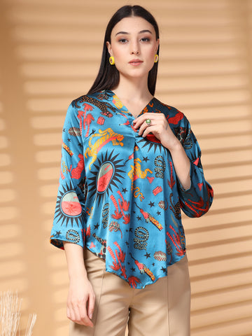 Blue Printed V Neck Floral Print Top