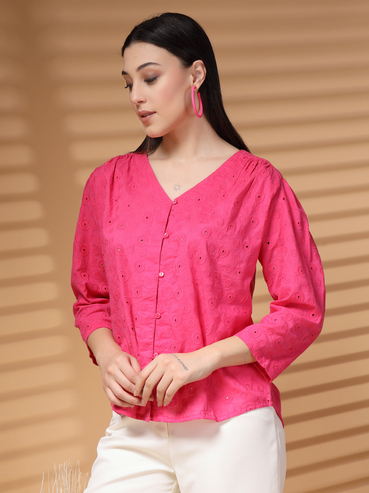 Pink Solid V Neck Cotton Top