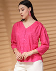 Pink Solid V Neck Cotton Top