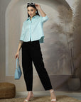 Women Blue Solid Shirt Collar 3/4th Sleeve Cotton Top