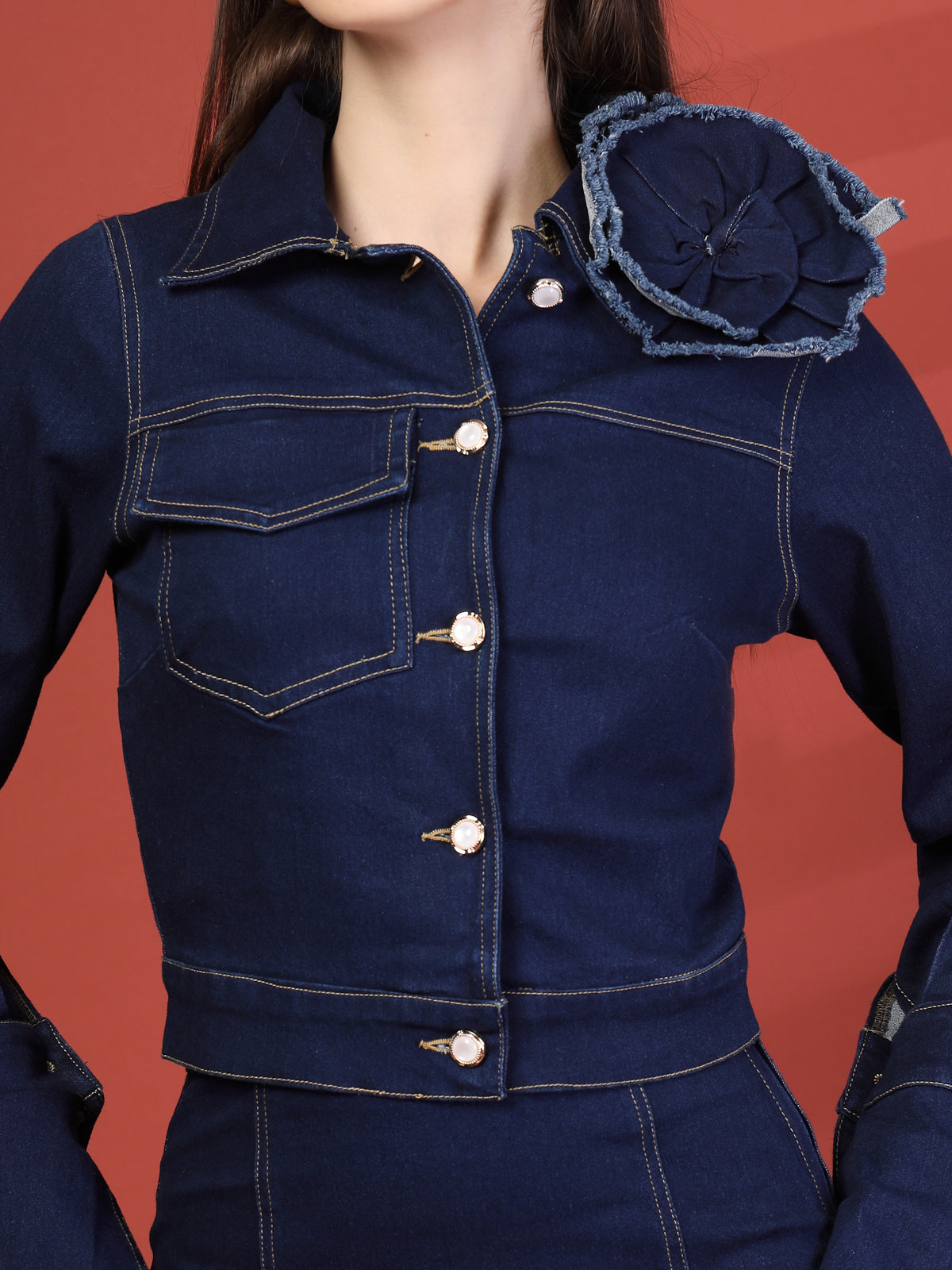 Women Shirt Collar Neck Coat Top With Skirt Co-Ords