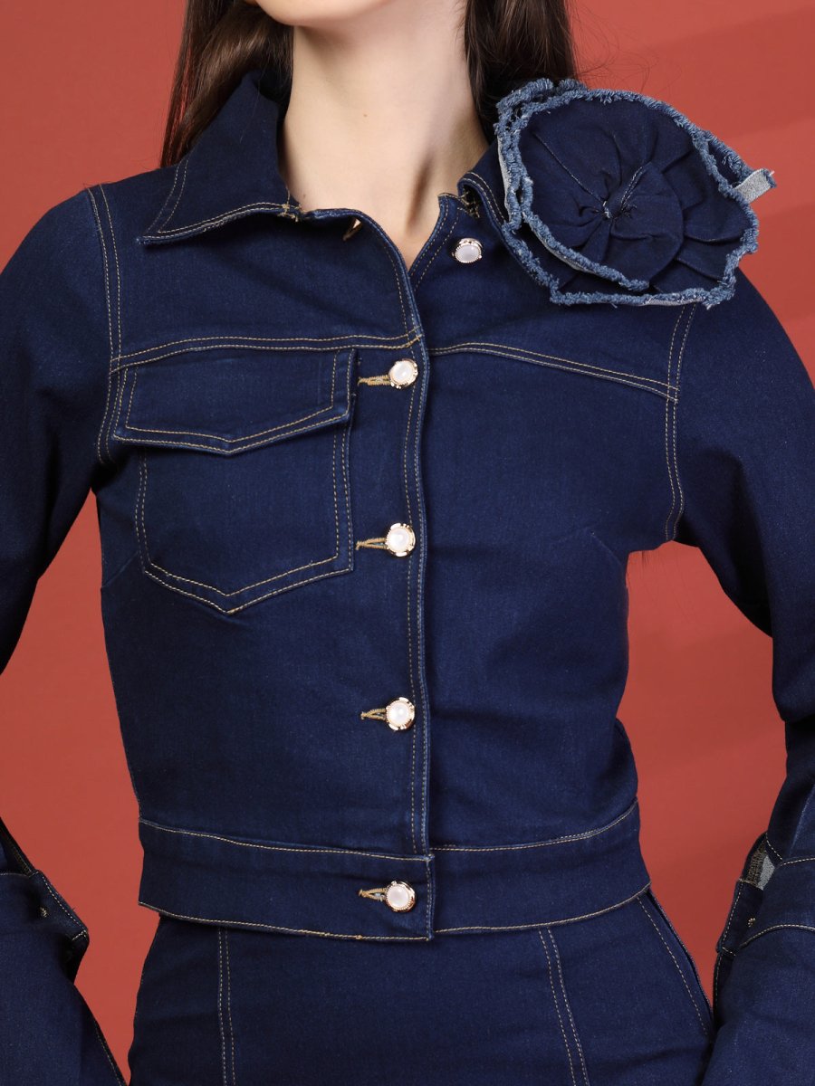 Women Shirt Collar Neck Coat Top With Skirt Co-Ords