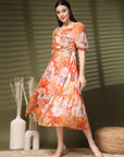 Orange Midi Square Neck Floral Print A Line Midi Dress