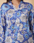 Blue Floral Print Mandarin Collar Bell Sleeve Shirt Style Top