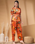 Orange Top Short Sleeves  Women Printed Top With Trouser Co Ords