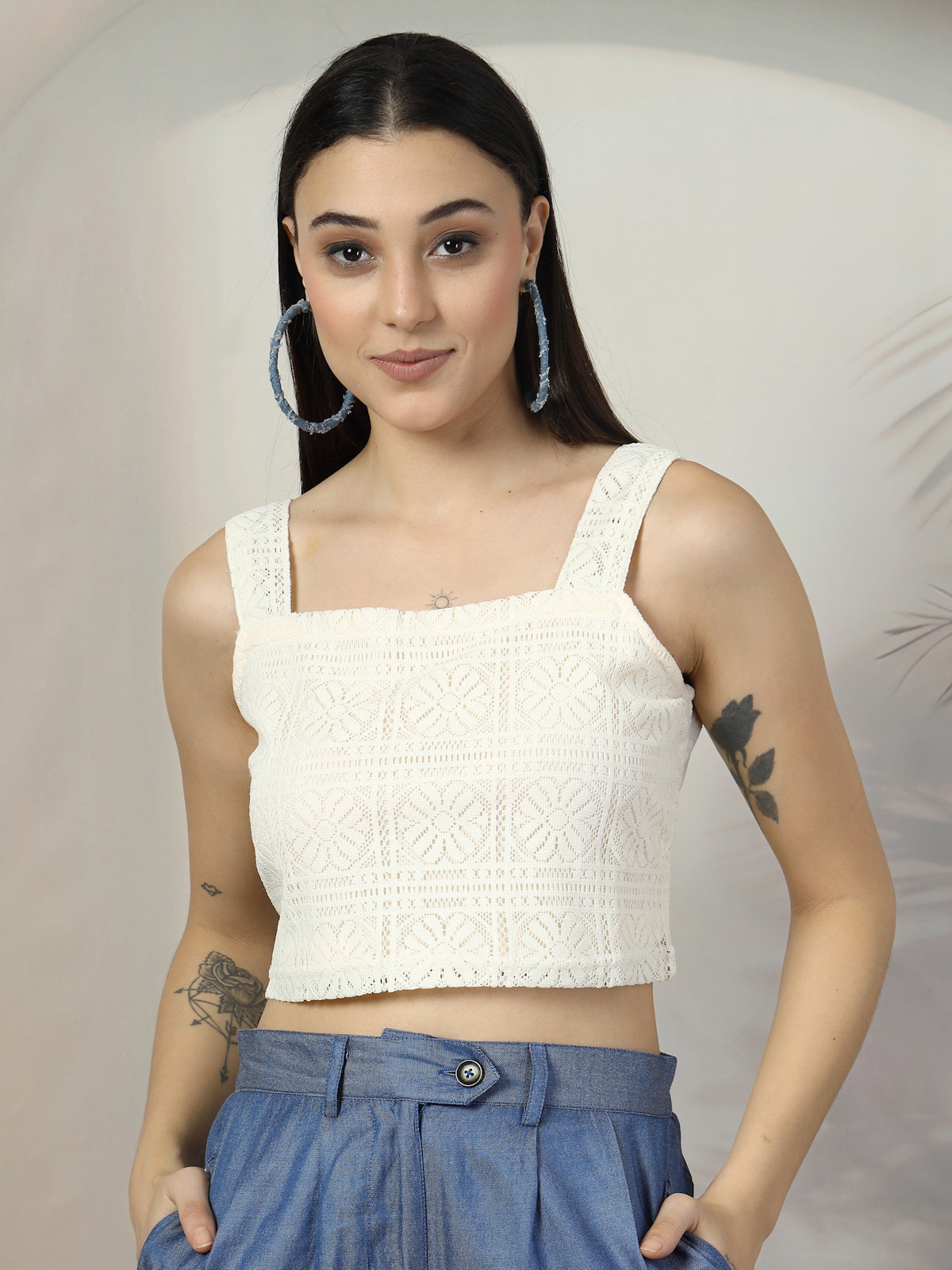 Women Cream Solid Square Neck Sleeveless Cotton Top