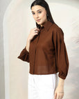 Women Brown Solid Shirt Collar Cotton Top