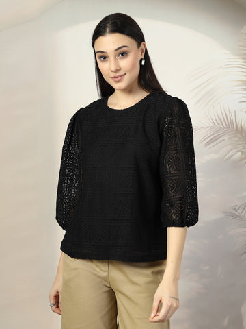Women Black Solid Round Neck 3/4th Sleeve Cotton Top